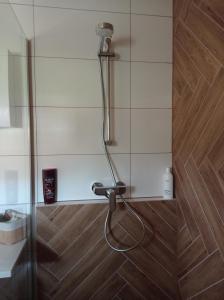 W łazience z drewnianą podłogą znajduje się prysznic. w obiekcie Agroturystyka Przy Siole Budy w mieście Białowieża