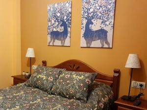 a bedroom with a bed with two paintings on the wall at Mirador de la cueva in Enguídanos