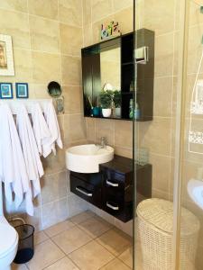 a bathroom with a sink and a glass shower at 7 Saint Andrew in White River