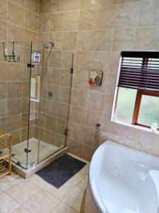 a bathroom with a shower and a tub and a sink at 7 Saint Andrew in White River