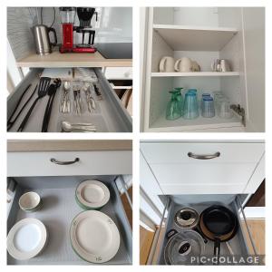 a kitchen drawer with dishes and utensils in it at Mukkula apartment Lahti 59 m2 in Lahti