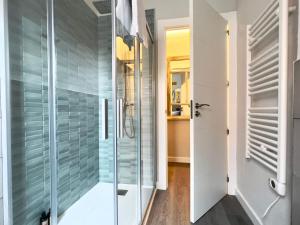 a shower in a bathroom with a glass door at Apartamentos Turísticos Juego de Cañas in Astorga +29 photos