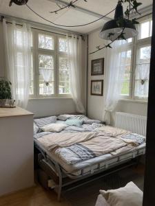 a bed sitting in a room with windows at Ferienwohnung am Stockerbach in Freudenstadt