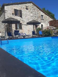 una piscina con sillas y sombrillas frente a un edificio en Tolles Ferienhaus in Urbino mit Grill, Garten und Terrasse, en Urbino