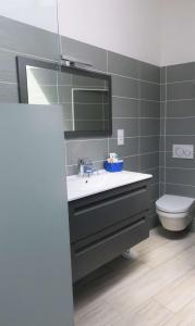 bagno con lavandino e servizi igienici di Maison typique de pêcheur, rénovée avec wifi à PERROS-GUIREC - Réf 867 a Perros-Guirec