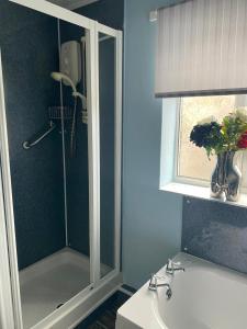 uma casa de banho com um chuveiro e um lavatório branco em The Flat in central Kirkby Stephen em Kirkby Stephen