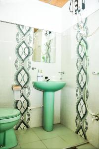 a bathroom with a green sink and a toilet at Roam Wings Safari Hotel in Udawalawe