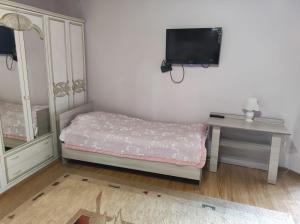 Habitación con cama, escritorio y TV. en Жемчужина Иссык - Куля en Cholpon-Ata
