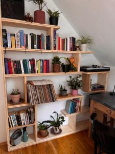 a book shelf filled with books and plants at Ferienwohnung, nahe dem Faaker See in Ledenitzen