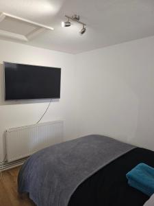 a bedroom with a bed and a flat screen tv on the wall at tranquility in Enfield