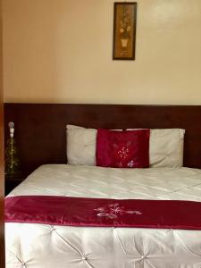 Una cama con una almohada roja encima. en Sarf travelers motel, en Kasese