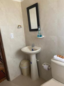 y baño con lavabo, aseo y espejo. en CABAÑA VILLA SOFÍA RITOQUE, en Villa de Leyva