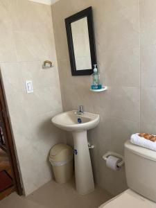 Un baño con lavabo, inodoro y espejo. en CABAÑA VILLA SOFÍA RITOQUE, en Villa de Leyva