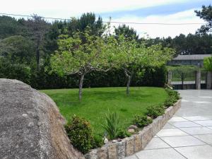 un jardín con una pared de piedra y árboles en Apartamentos A Gàndara, en O Grove