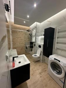 ein Badezimmer mit einer Waschmaschine und einem WC in der Unterkunft Kotlina Kłodzka - Apartament na Letniej in Kłodzko
