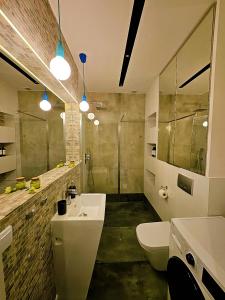 a bathroom with a sink and a toilet and a shower at Apartamenty Point of View in Bydgoszcz