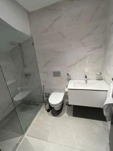La salle de bains est pourvue de toilettes, d'un lavabo et d'une douche. dans l'établissement Duplex Blue Lagoon, à Bizerte