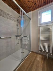 un bagno con doccia in vetro con finestra di Le Beau Repère a Beaurepaire