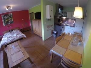ein Wohnzimmer mit einem Tisch und einer Küche in der Unterkunft Studio Krušné Hory Klínovec in Loučná pod Klínovcem