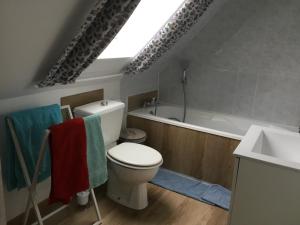 a bathroom with a toilet and a sink and a tub at Gîte deux couchages avec jardin privatif Proche des marais et forêt in Arques