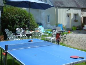 a blue ping pong table with an umbrella at Château de BEL AIR in Aucaleuc