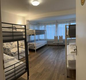 Pokój wieloosobowy z kilkoma łóżkami piętrowymi i telewizorem w obiekcie Viktoria Budget Hostel w Zurychu