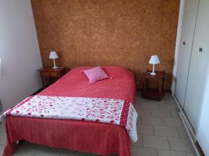um quarto com uma cama vermelha e uma almofada cor-de-rosa em Maison de Lili em Florensac