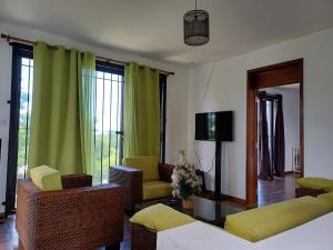 ein Wohnzimmer mit grünen Vorhängen und Stühlen sowie einem TV in der Unterkunft Calodyne residence in Grand-Gaube