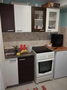 uma cozinha com um fogão branco e um lavatório em D6 apartment em Szeged