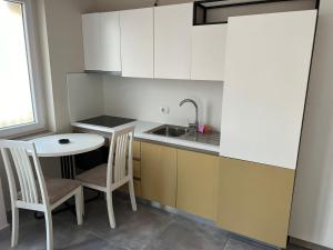 a kitchen with a sink and a table and chairs at Studio holidays in Shëngjin