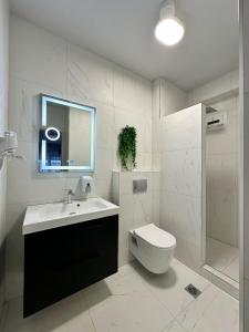 La salle de bains est pourvue d'un lavabo, de toilettes et d'un miroir. dans l'établissement Eden Suite Paralia, à Paralia Katerinis