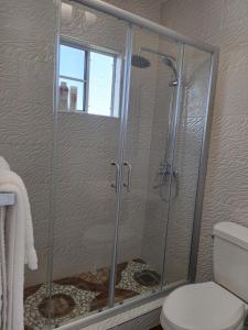 La salle de bains est pourvue d'une douche avec une porte en verre. dans l'établissement Kai's Place at Tim Pappies 3rd Floor luxury villa, à Port Antonio