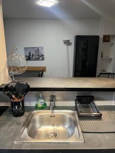 a kitchen sink with a counter top above it at Appart'hôtel PrestigeHost in Orléans