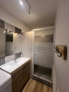 La salle de bains est pourvue d'un lavabo et d'une douche. dans l'établissement Appart'hôtel PrestigeHost, à Orléans