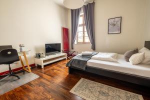 a bedroom with a large bed and a television at Haus Schweiz in Bonn in Bonn +40 photos