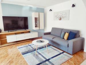 een woonkamer met een bank en een tv bij Wohnung in Pula mit Terrasse, Garten und Grill in Pula