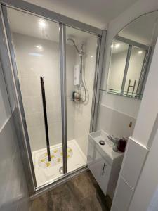 a bathroom with a shower and a sink at Little Hawthorns in New Alresford