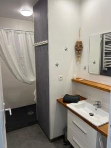 a bathroom with a sink and a shower at La Forge, gîte familial,à Sainte Mère Eglise in Sainte-Mère-Église +41 photos