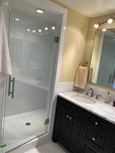 La salle de bains est pourvue d'une douche et d'un lavabo. dans l'établissement Beautiful Wisconsin Beach Retreat Lake Lucerne, à Crandon