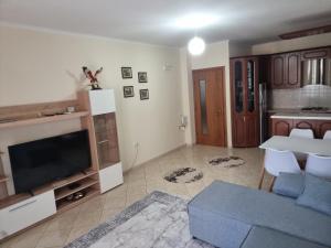 uma sala de estar com um sofá azul e uma televisão em Erin Apartments em Vlorë