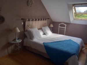 a bedroom with a bed with a blue blanket and a window at Charmante maison au calme in Marzan