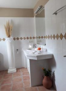 ein Badezimmer mit einem Waschbecken und einer Vase mit einer Pflanze in der Unterkunft BELLA VISTA 2 chambres d'hôtes 4 personnes in Salernes