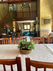 ein Esszimmer mit einem Tisch und einem Blumenkorb darauf in der Unterkunft Paleolítico rural 