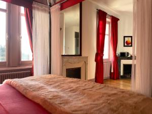 Schlafzimmer mit einem Bett mit roten Vorhängen und einem Kamin in der Unterkunft Le Clos des Fayettes in Theizé
