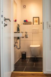 ein Bad mit einem WC und einem Waschbecken in der Unterkunft Das RAUM-Wunder mit Küche und Smart-TV in Karlsruhe