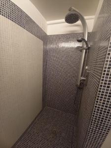 a bathroom with a shower with black tiles at HOME SWEET HOME in Rovereto +3 photos