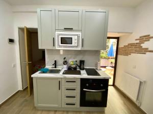 a kitchen with a sink and a microwave at Apartamento BAÑOS ÁRABES DEL CENIZAL antes Plaza de las Fuentes in Toledo