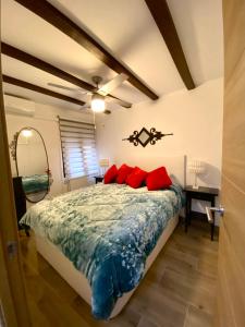 a bedroom with a bed with red pillows at Plaza De Las Fuentes COMPLETAMENTE REFORMADO in Toledo