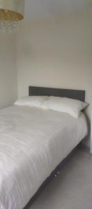 a white bed with a black headboard and white pillows at Solihull Guest House 1 in Olton