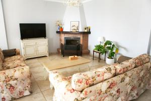 Una sala de estar con un sofá y una chimenea. en Villa El Palomar Azul with pool and sea view, en Benajarafe